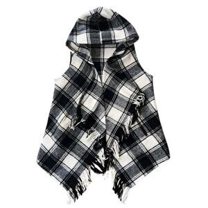 Hyfve Wool Blend Black & White Plaid Hoodie Vest w/ Fringe Large
